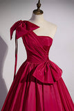 Burgundy Satin Long Prom Dress, One Shoulder Evening Dress with Bow HZ0429
