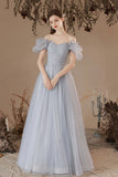 Gray Tulle Long A-Line Prom Dresses, Gray Formal Evening Dresses HZ0429