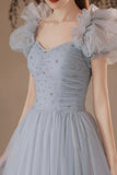 Gray Tulle Long A-Line Prom Dresses, Gray Formal Evening Dresses HZ0429