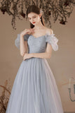 Gray Tulle Long A-Line Prom Dresses, Gray Formal Evening Dresses HZ0429