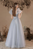 Gray Tulle Long A-Line Prom Dresses, Gray Formal Evening Dresses HZ0429