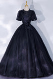 Black Tulle Lace Long A-Line Prom Dress, A-Line Short Sleeve Evening Gown HZ0429