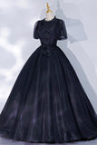 Black Tulle Lace Long A-Line Prom Dress, A-Line Short Sleeve Evening Gown HZ0429
