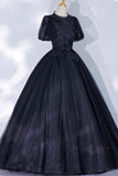 Black Tulle Lace Long A-Line Prom Dress, A-Line Short Sleeve Evening Gown HZ0429