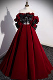 Burgundy Velvet Long Prom Dress, Off the Shoulder A-Line Evening Dress HZ0429