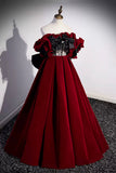 Burgundy Velvet Long Prom Dress, Off the Shoulder A-Line Evening Dress HZ0429