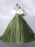White+Green Satin Floor Length Prom Dress, V-Neck Off the Shoulder Evening Dress HZ0429