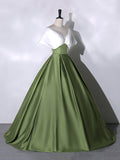 White+Green Satin Floor Length Prom Dress, V-Neck Off the Shoulder Evening Dress HZ0429