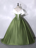 White+Green Satin Floor Length Prom Dress, V-Neck Off the Shoulder Evening Dress HZ0429