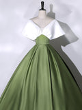 White+Green Satin Floor Length Prom Dress, V-Neck Off the Shoulder Evening Dress HZ0429