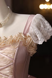 Retro Pink Cascading Ruffles Lace Flower Long Prom Formal Dresses HZ0429