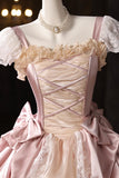 Retro Pink Cascading Ruffles Lace Flower Long Prom Formal Dresses HZ0429