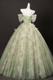 Green Floral Tulle Long Prom Dress, Beautiful A-Line Off the Shoulder Party Dress HZ0429