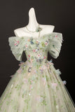 Green Floral Tulle Long Prom Dress, Beautiful A-Line Off the Shoulder Party Dress HZ0429