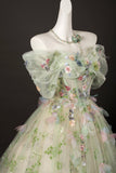 Green Floral Tulle Long Prom Dress, Beautiful A-Line Off the Shoulder Party Dress HZ0429
