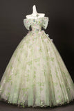 Green Floral Tulle Long Prom Dress, Beautiful A-Line Off the Shoulder Party Dress HZ0429