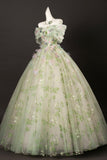 Green Floral Tulle Long Prom Dress, Beautiful A-Line Off the Shoulder Party Dress HZ0429
