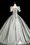 Gray Green Satin Long Prom Dress, A-Line Short Sleeve Party Dress HZ0429