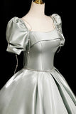 Gray Green Satin Long Prom Dress, A-Line Short Sleeve Party Dress HZ0429
