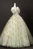 Green Floral Tulle Long Prom Dress, Beautiful A-Line Off the Shoulder Party Dress HZ0429