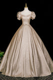 Champagne A-Line Satin Floor Length Prom Dress, Elegant Short Sleeve Evening Party Dress HZ0429