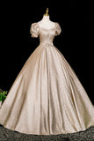 Champagne A-Line Satin Floor Length Prom Dress, Elegant Short Sleeve Evening Party Dress HZ0429