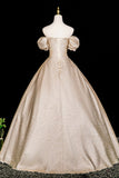 Champagne A-Line Satin Floor Length Prom Dress, Elegant Short Sleeve Evening Party Dress HZ0429