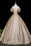Champagne A-Line Satin Floor Length Prom Dress, Elegant Short Sleeve Evening Party Dress HZ0429