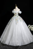 White Floral Long Party Dress, Lovely A-Line Off the Shoulder Evening Prom Dress HZ0429