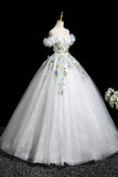 White Floral Long Party Dress, Lovely A-Line Off the Shoulder Evening Prom Dress HZ0429