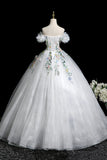 White Floral Long Party Dress, Lovely A-Line Off the Shoulder Evening Prom Dress HZ0429