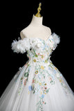 White Floral Long Party Dress, Lovely A-Line Off the Shoulder Evening Prom Dress HZ0429