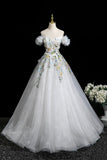 White Floral Long Party Dress, Lovely A-Line Off the Shoulder Evening Prom Dress HZ0429