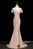 Sparkly Pink Sequined Mermaid Formal Dress Off Shoulder Side Slit HZ0429