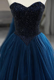 Blue Strapless Tulle Beaded Long Prom Dress, Beautiful A-Line Formal Evening Dress HZ0429