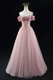 A-Line Tulle Beaded Floor Length Prom Dress, Lovely Off the Shoulder Evening Party Dress HZ0429