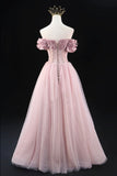 A-Line Tulle Beaded Floor Length Prom Dress, Lovely Off the Shoulder Evening Party Dress HZ0429