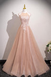 Pink Tulle Lace Long Prom Dress, Beautiful A-Line Open Back Evening Dress with Beads HZ0429