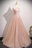 Pink Tulle Lace Long Prom Dress, Beautiful A-Line Open Back Evening Dress with Beads HZ0429