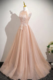 Pink Tulle Lace Long Prom Dress, Beautiful A-Line Open Back Evening Dress with Beads HZ0429
