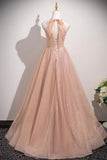 Pink Tulle Lace Long Prom Dress, Beautiful A-Line Open Back Evening Dress with Beads HZ0429