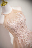 Pink Tulle Lace Long Prom Dress, Beautiful A-Line Open Back Evening Dress with Beads HZ0429