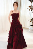 Sparkly Burgundy Velvet Evening Gown Sleeveless Ruched Formal Dress HZ0429