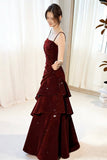 Sparkly Burgundy Velvet Evening Gown Sleeveless Ruched Formal Dress HZ0429