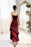 Sparkly Burgundy Velvet Evening Gown Sleeveless Ruched Formal Dress HZ0429