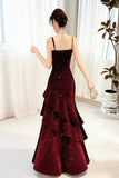 Sparkly Burgundy Velvet Evening Gown Sleeveless Ruched Formal Dress HZ0429
