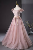Pink Tulle Beaded Long Prom Dress, Lovely Pink Off the Shoulder Evening Party Dress HZ0429