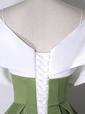 White+Green Satin Floor Length Prom Dress, V-Neck Off the Shoulder Evening Dress HZ0429