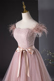Pink Tulle Beaded Long Prom Dress, Lovely Pink Off the Shoulder Evening Party Dress HZ0429