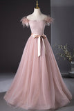 Pink Tulle Beaded Long Prom Dress, Lovely Pink Off the Shoulder Evening Party Dress HZ0429
